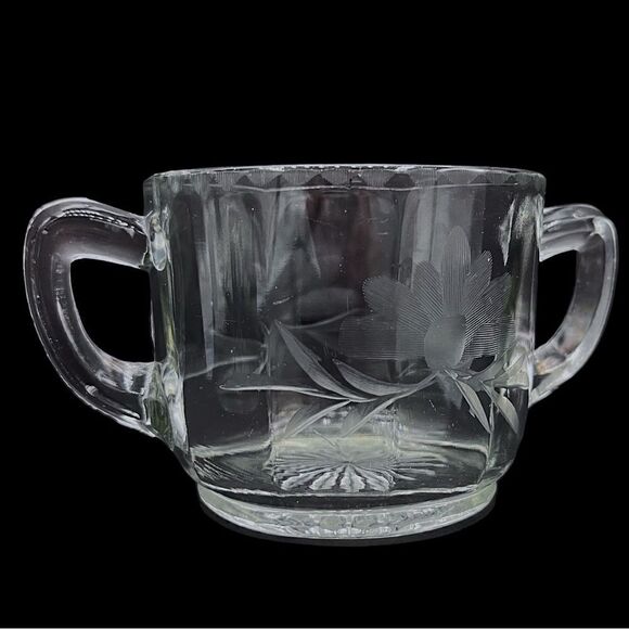 Vintage Antique Etched Flower Clear Paneled Pressed Glass Open Sugar Creamer Set - Picture 3 of 15